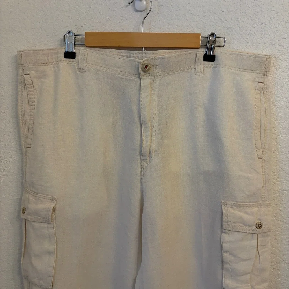 Tommy Bahama Linen Cargo Pants Men L 38 Cream Drawstring Relaxed Straight Safari